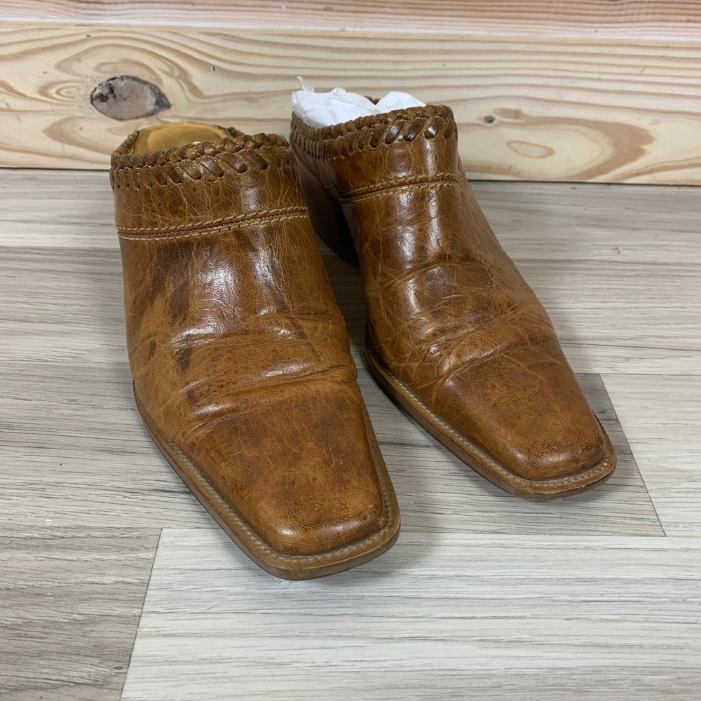 Charlie 1 Horse Mules Women 7.5 Tan Western Leather Whipstitch Square Toe Clogs